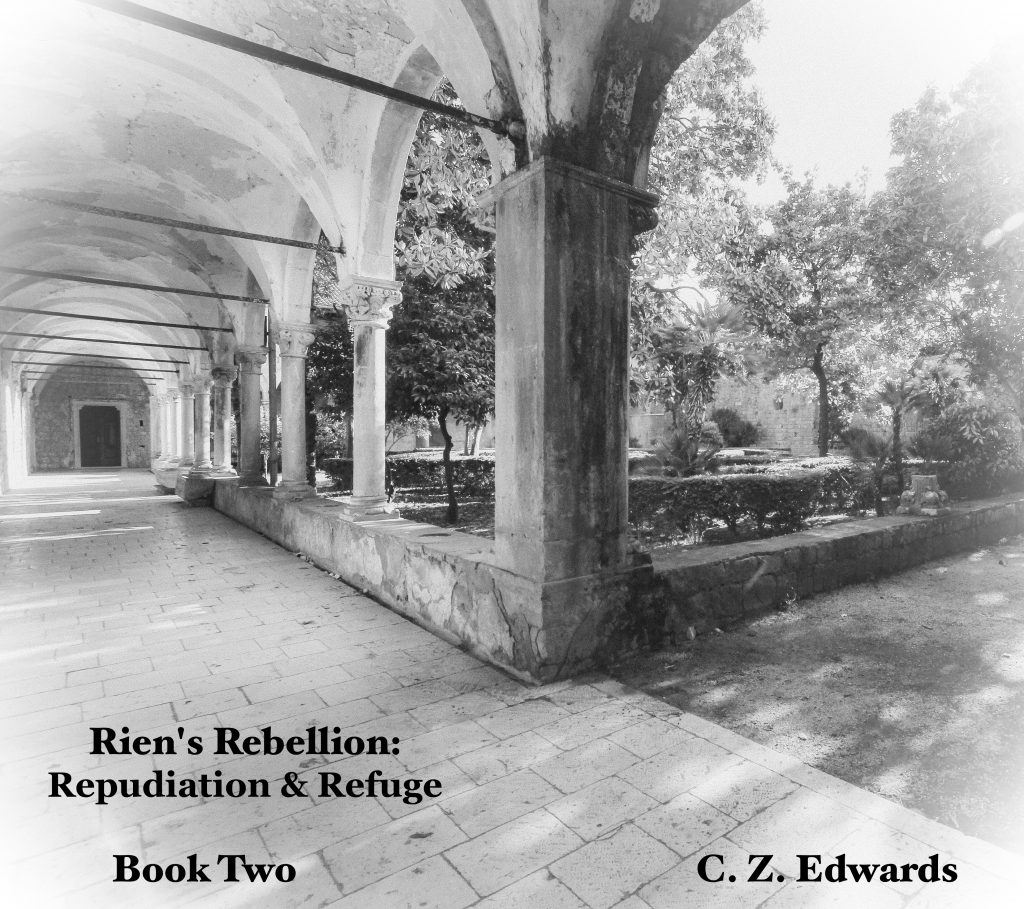 The cover of Repudiation & Refuge. A black and white image of a courtyard with an arched corridor extending into the distance.