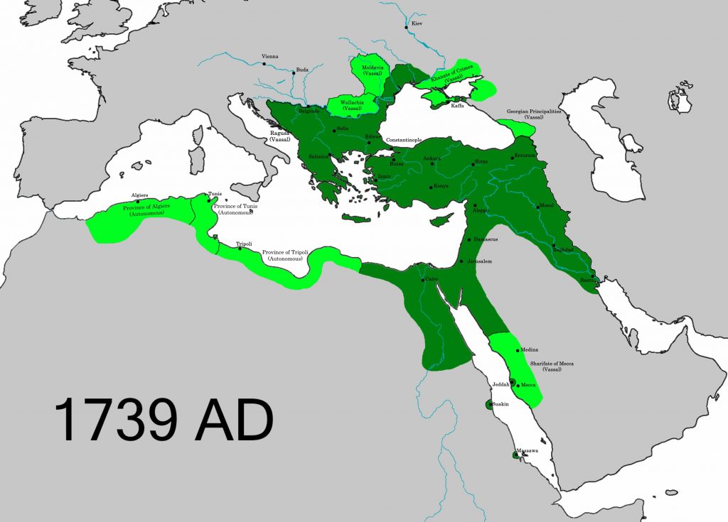 A map of Western Asia showing the Ottoman Empire's reach, from Algiers all the way around the Mediterranean past Egypt, down the Red Sea to Mecca, all of modern Turkey, Syria, most of Greece, and significant parts of what's now Hungary, Bosnia, Serbia, and into Austria and also around the Black Sea including coastal Ukraine.