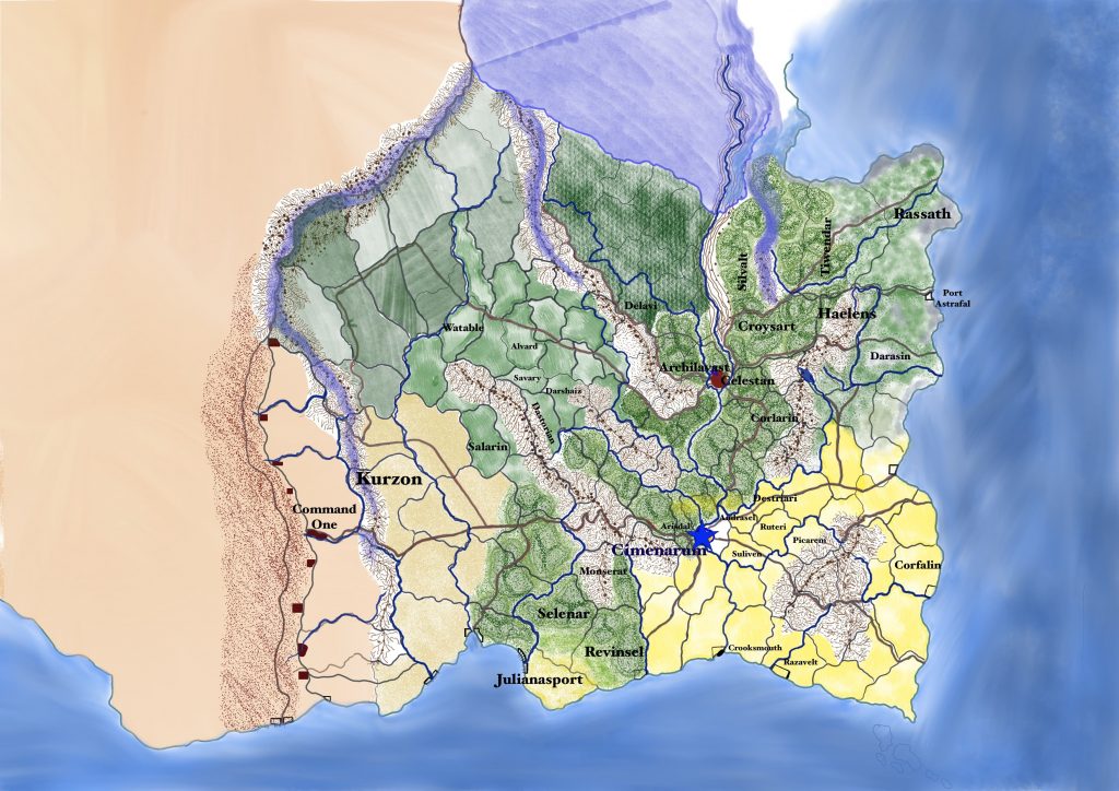 Map of Galantier. A mostly mountainous area with a desert to the west and surrounded by ocean on the east and south. Highland glaciers to the north serve as a northern barrier. Some places are indicated.