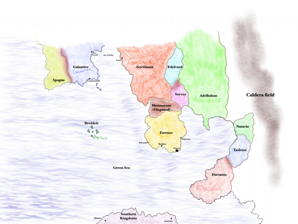 Galantier's side of the world. Galantier and Spanga are a peninsula in the northeast quadrant of the map. Gorthania is directly east of Galantier, across a body of water. Farenze is south of Gorthania. East of Farenze is a large bay of water. East of Gorthania are two small nations, Edelvard and Sarvoy, with Adelbahan to their east. East of Adelbahan is a caldera field. Southeast, on the rim of Bahia Bay, are Natavia, Tasleroi, and Darsania. Just west of Darsania, there is another bay, and the top of the Southern Kingdoms' continent is visible, directly south of Farenze. In the left center of the ocean, approximately equidistant from Galantier, Gorthania, Farenze, and the Southern Kingdoms are a cluster of islands, Breitleit.