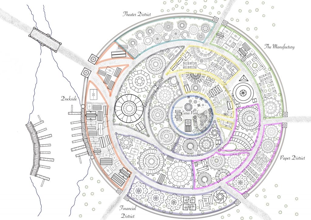 The Map of Cimenarum during the reigns of Vohan and Savrin the Usurper. A circular city beside a river, with spiral streets as a defense against invasion. The city is walled, and has five gates at 10, 1, 3, 5, and 7. The docks take up most of the western edge of the city from 8 to 10.