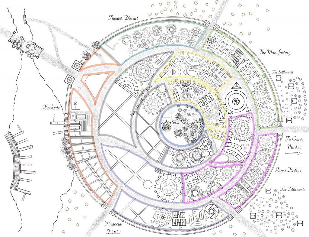 Cimenarum, after the fire. The same circular city, but with an empty sector from about 6:30 to 10, and into the center of the circle. The docks are gone, the bridge at the main gate is broken. New streets have been laid, but no buildings are yet built.